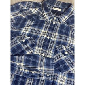 American Eagle Flannel‎ Shirt Size S Blue Pearl Snap Boyfriend Western C-0042